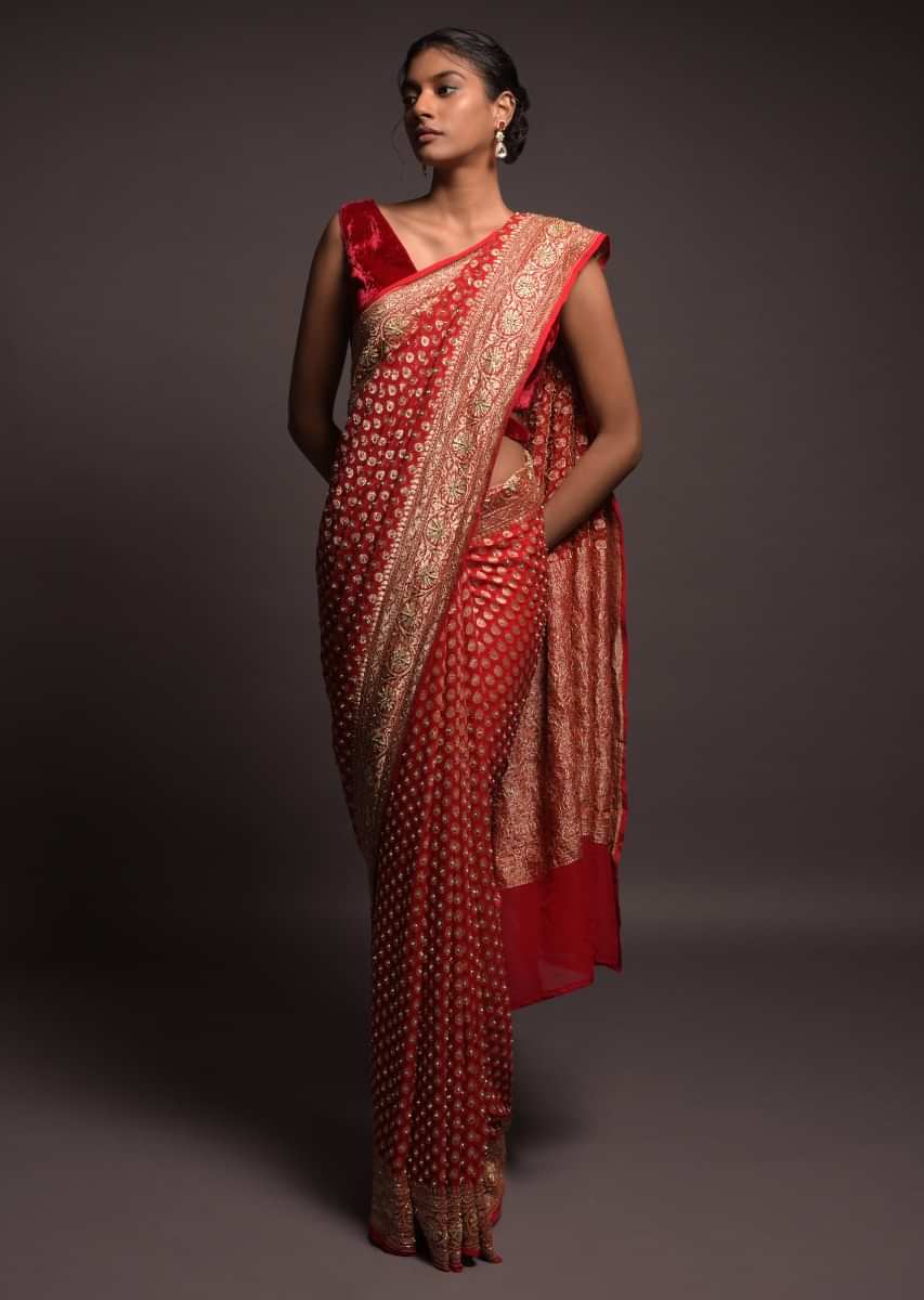 Scarlet Red Banarasi Saree In Georgette With Weaved Buttis And Stone Work