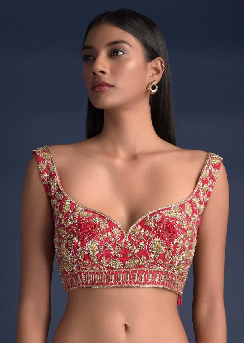 Scarlet Red Blouse In Raw Silk With Floral Jaal Embroidery