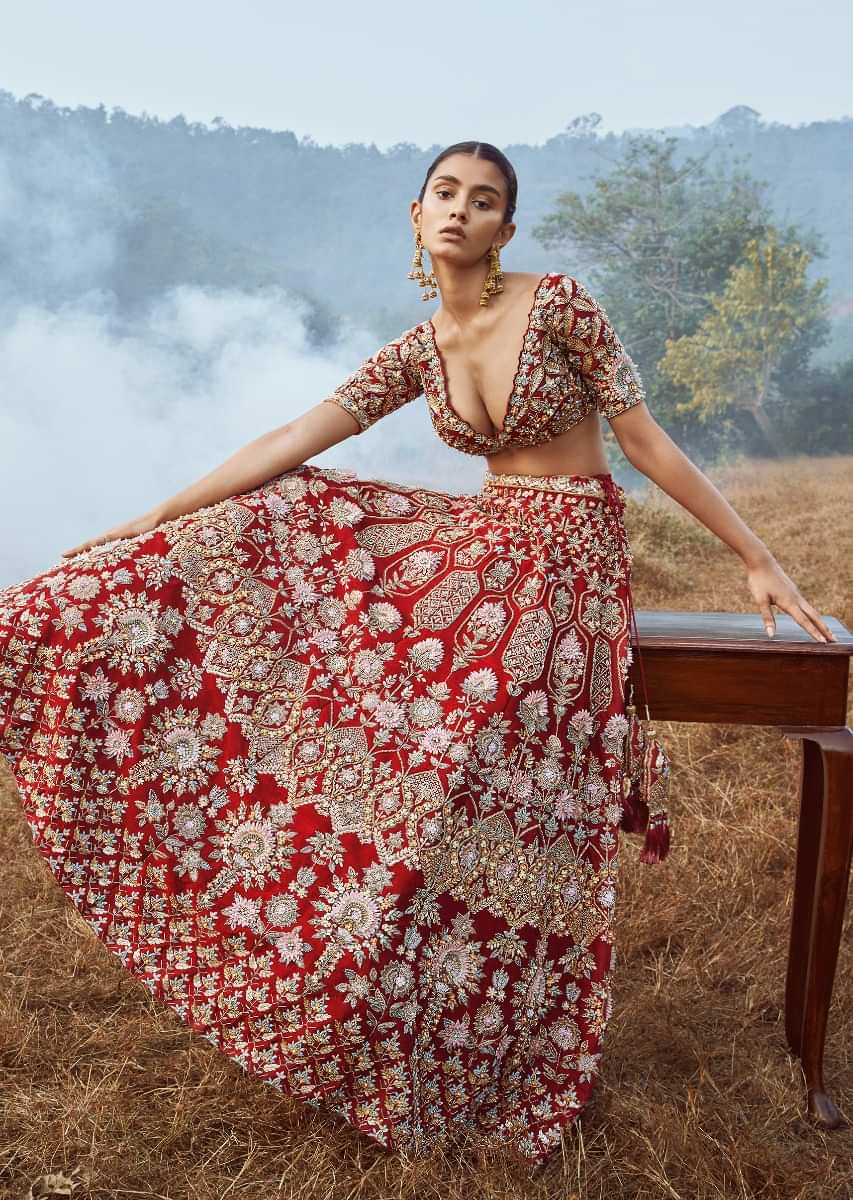 Scarlet Red Lehenga Choli In Raw Silk With 3D Flowers And Cut Dana Embroidered Summertime Flowers And Geometric Motifs 