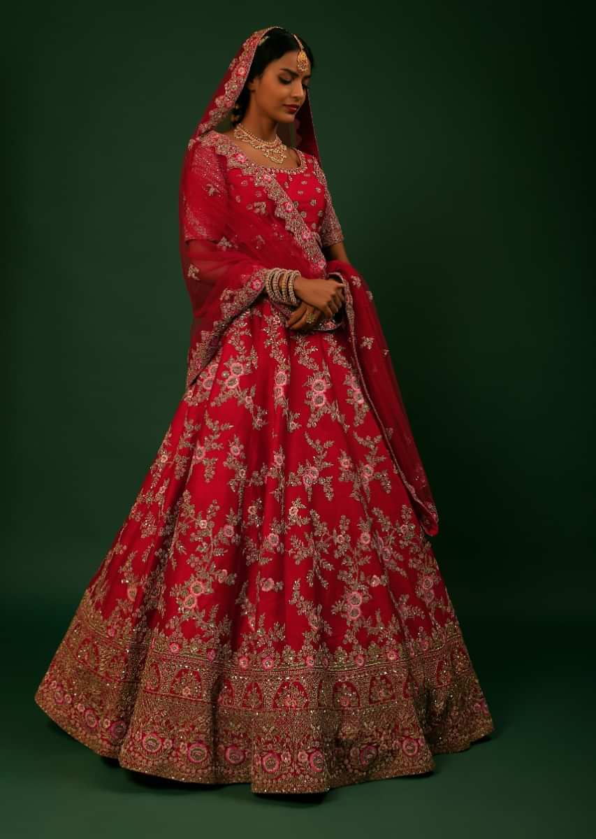 Golden-Red Satin Bridal Lehenga Choli Set With Heavy Zari Border and All  Over Zarkan Work | Exotic India Art