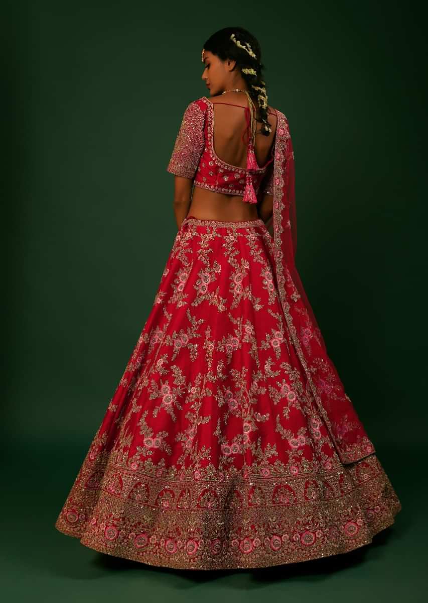 Scarlet Red Lehenga Choli In Raw Silk With Golden Zari Embroidered Heavy Mughal Border And Floral Jaal With Colorful Resham Flowers 