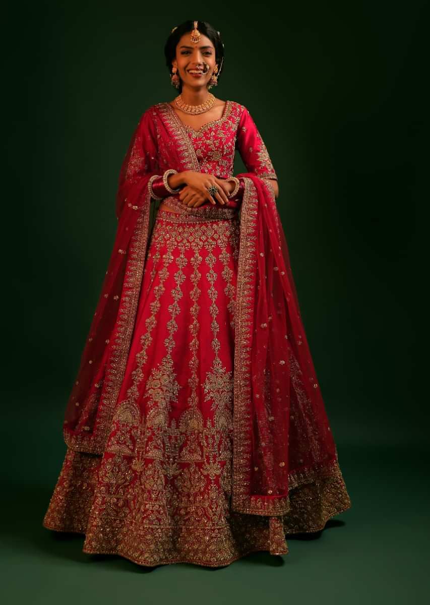 Scarlet Red Lehenga Choli In Raw Silk With Zardosi And Colorful Resham Embroidered Ethnic Kali Design 