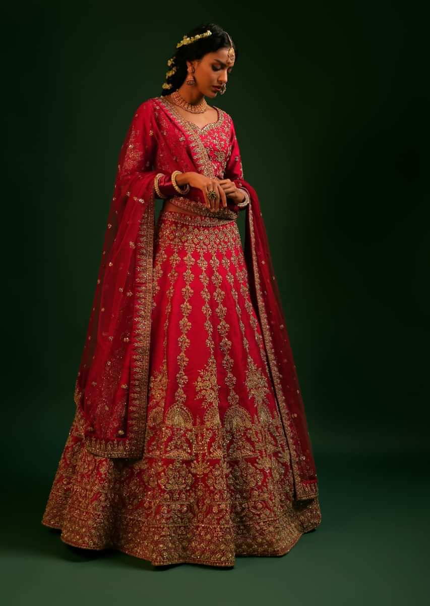 Scarlet Red Lehenga Choli In Raw Silk With Zardosi And Colorful Resham Embroidered Ethnic Kali Design 