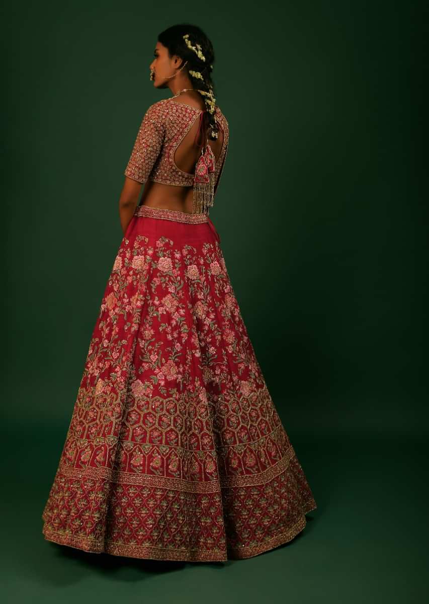 Scarlet Red Lehenga Choli With Colorful Resham And Zardosi Embroidered Flowers And Heavy Border With Honeycomb And Moroccan Motifs 