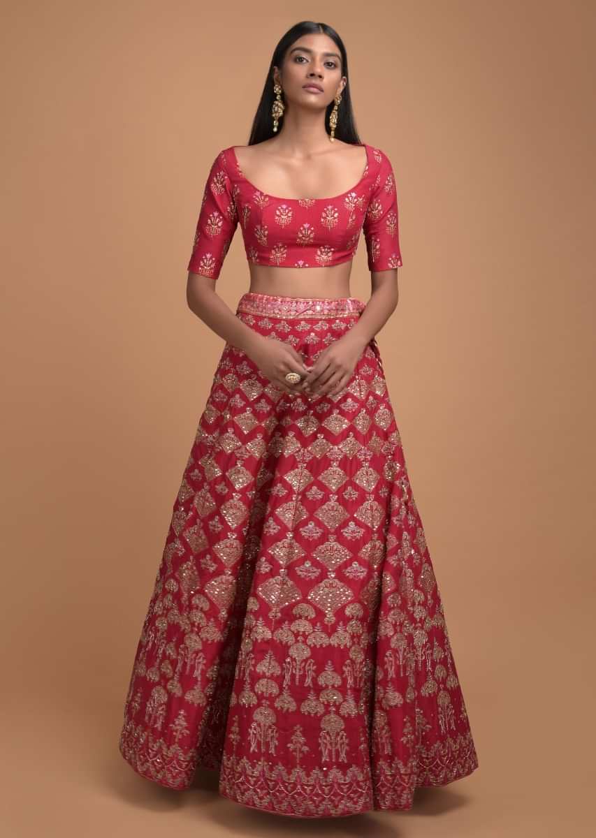Ankita Lokhande In Kalki Scarlet Red Lehenga With Foil Printed Buttis And Chandelier Motifs