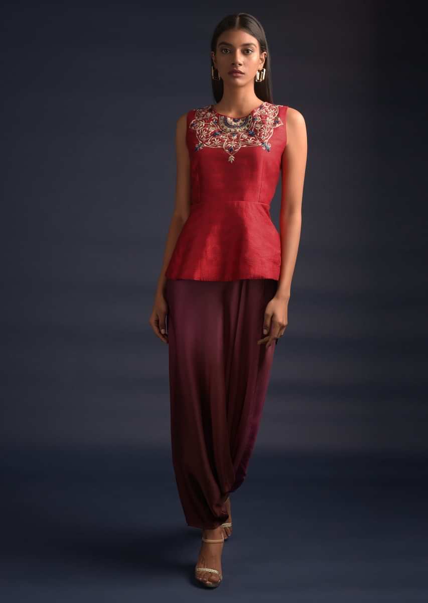 Buy Scarlet Red Peplum Top With Pink And Purple Shaded Low Crotch Dhoti ...