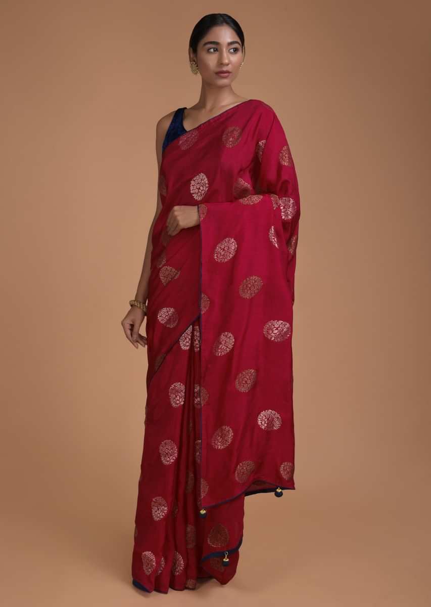 Scarlet Red Saree In Cotton Silk With Weaved Floral Pattern In Round Buttis