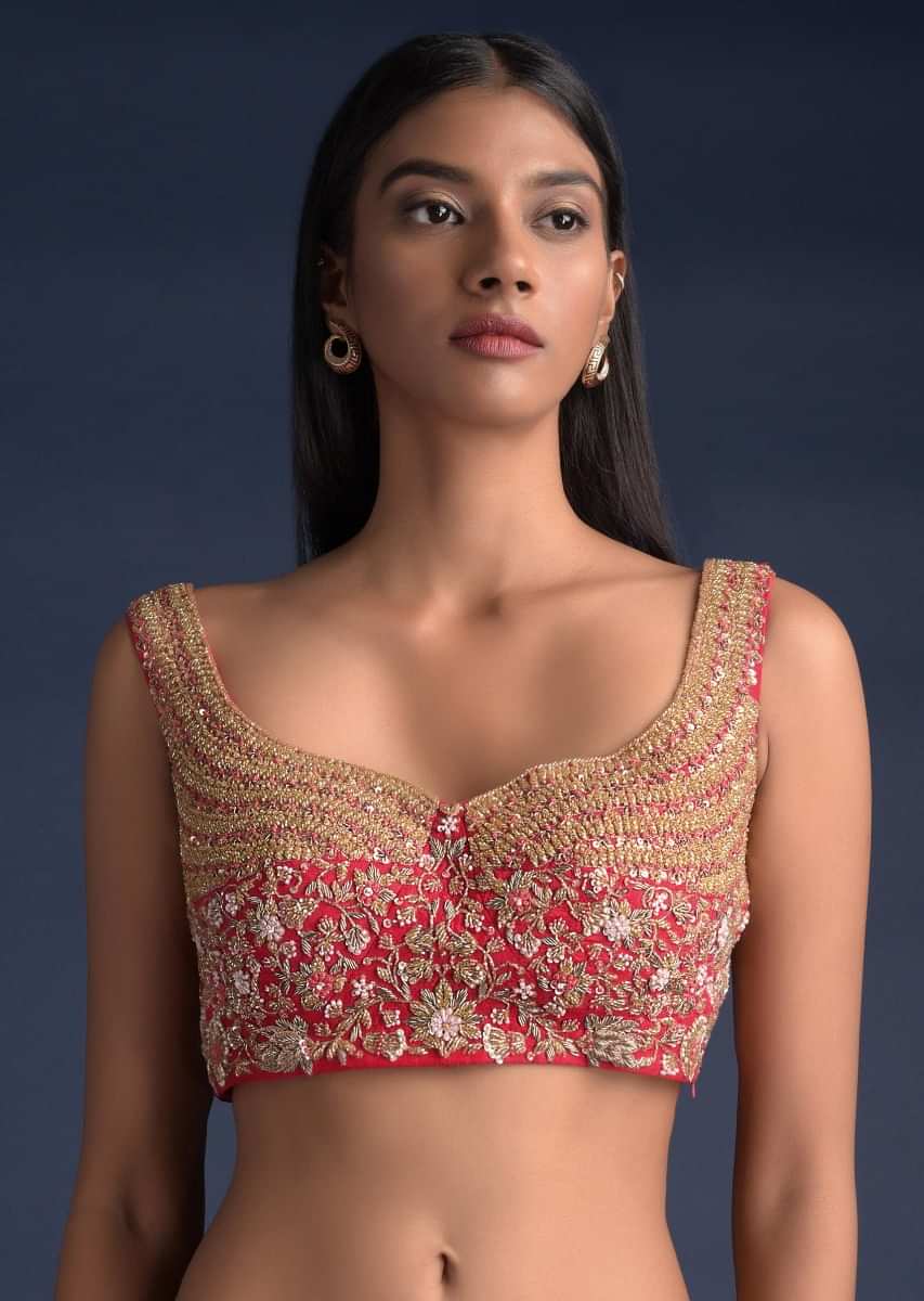 Scarlet Red Sleeveless Blouse In Raw Silk With Floral Jaal And Intricate Cut Dana Work