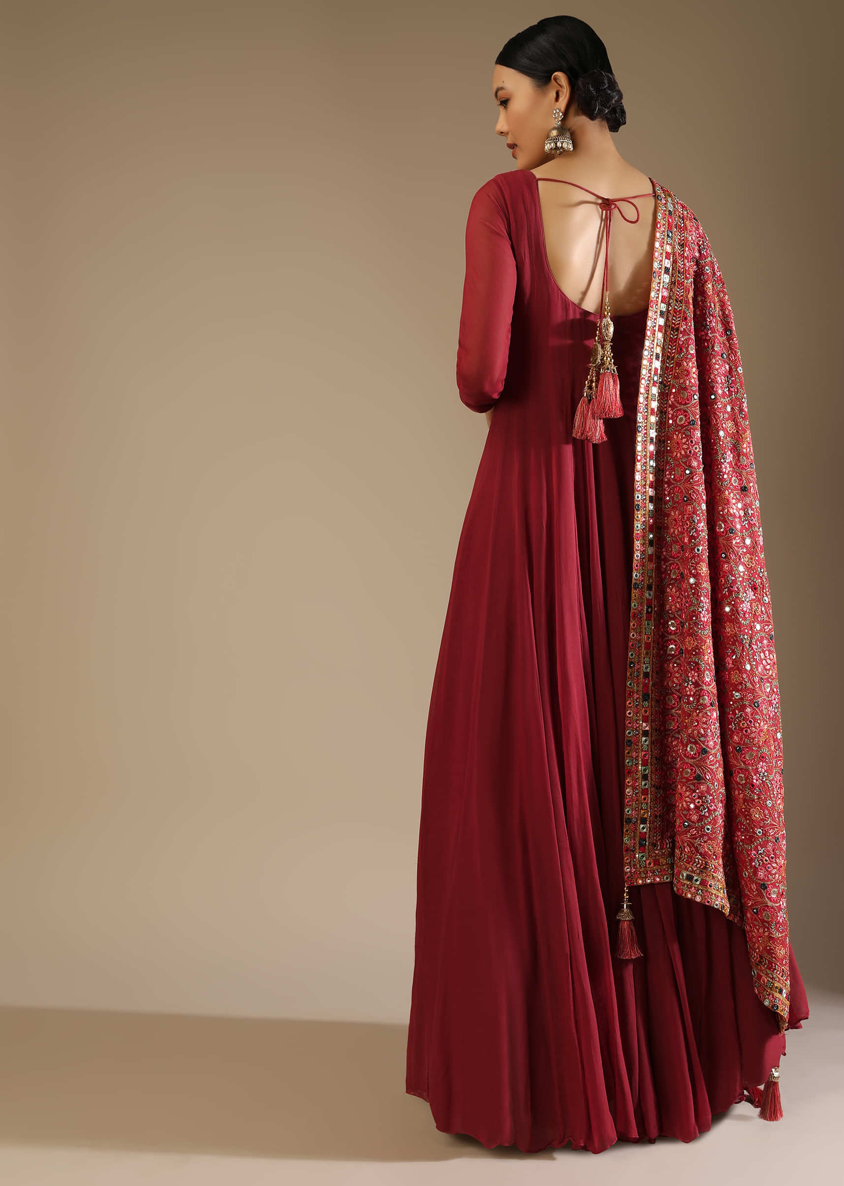 Scarlet Red Anarkali Suit In Georgette With A Multi Colored Resham And Abla Embroidered Floral Jaal On The Dupatta