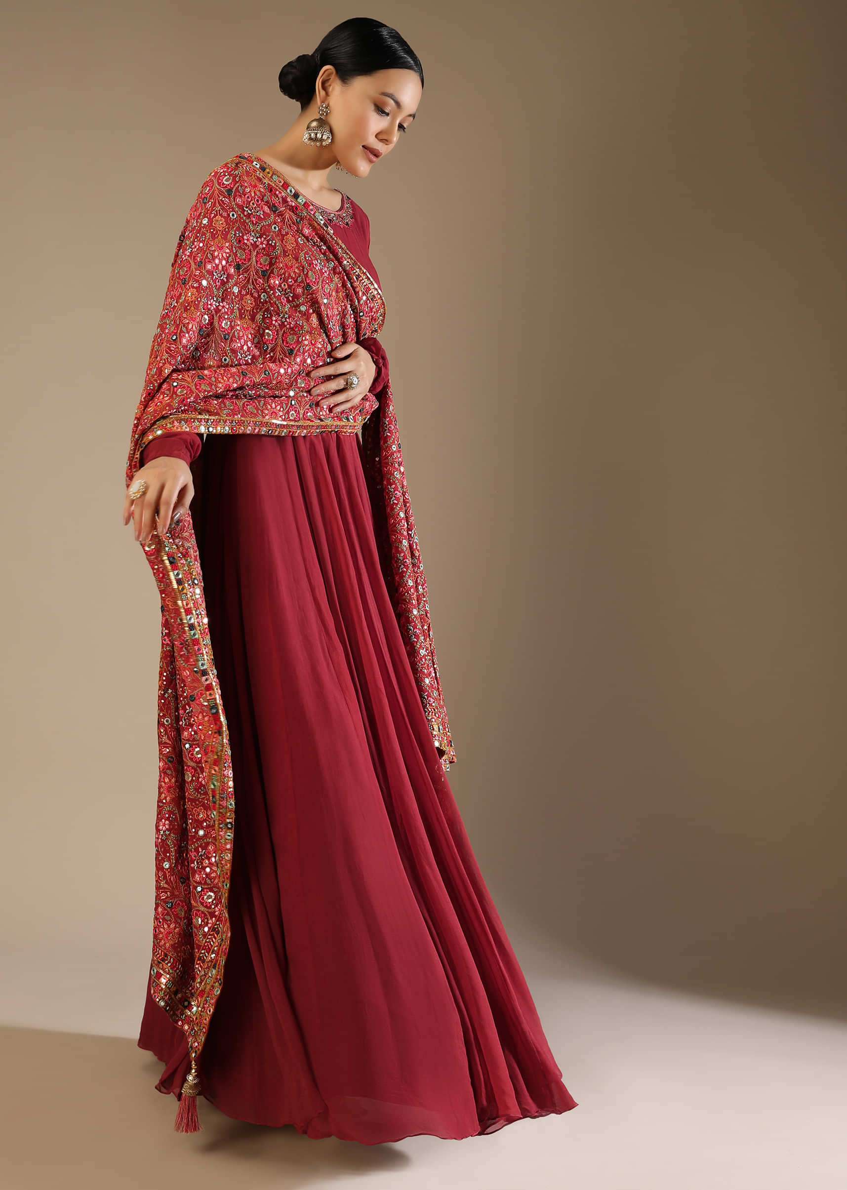 Scarlet Red Anarkali Suit In Georgette With A Multi Colored Resham And Abla Embroidered Floral Jaal On The Dupatta