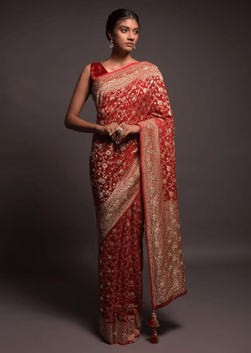 Scarlet Red Banarasi Saree In Georgette With Weaved Floral Jaal And Stone Work