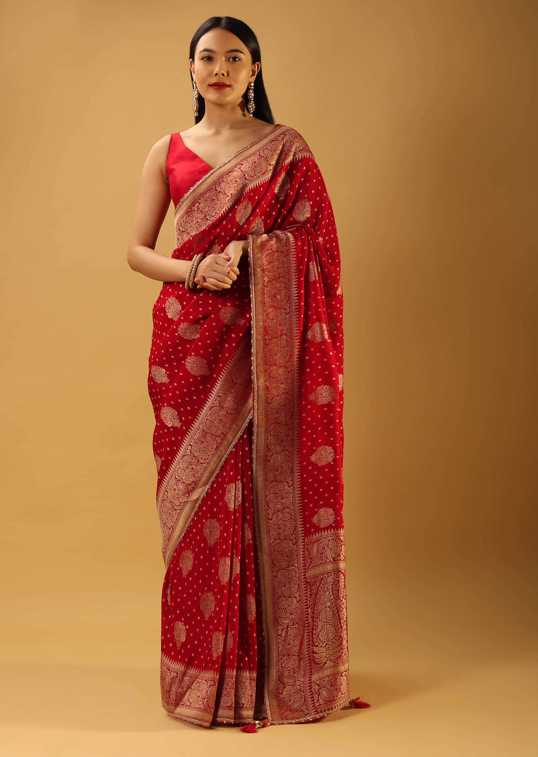 Scarlet Red Saree In Organza With Woven Buttis And Bandhani Design 