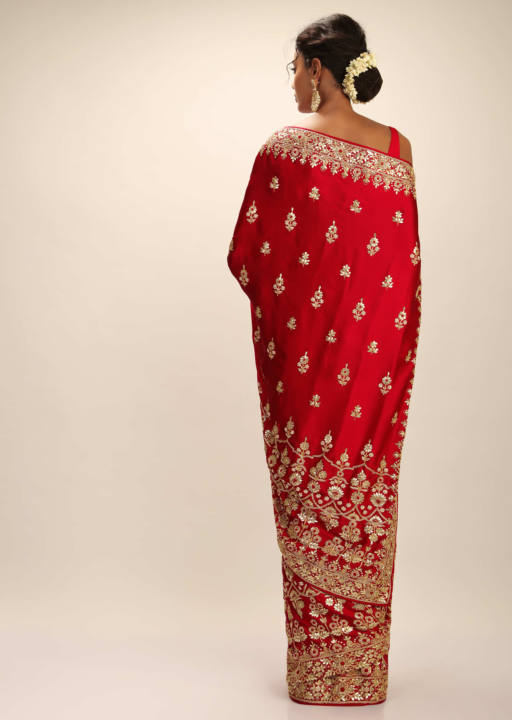 Scarlet Red Saree In Satin With Hand Embroidered Gotta Patti And Zardosi Work In Floral Motifs 