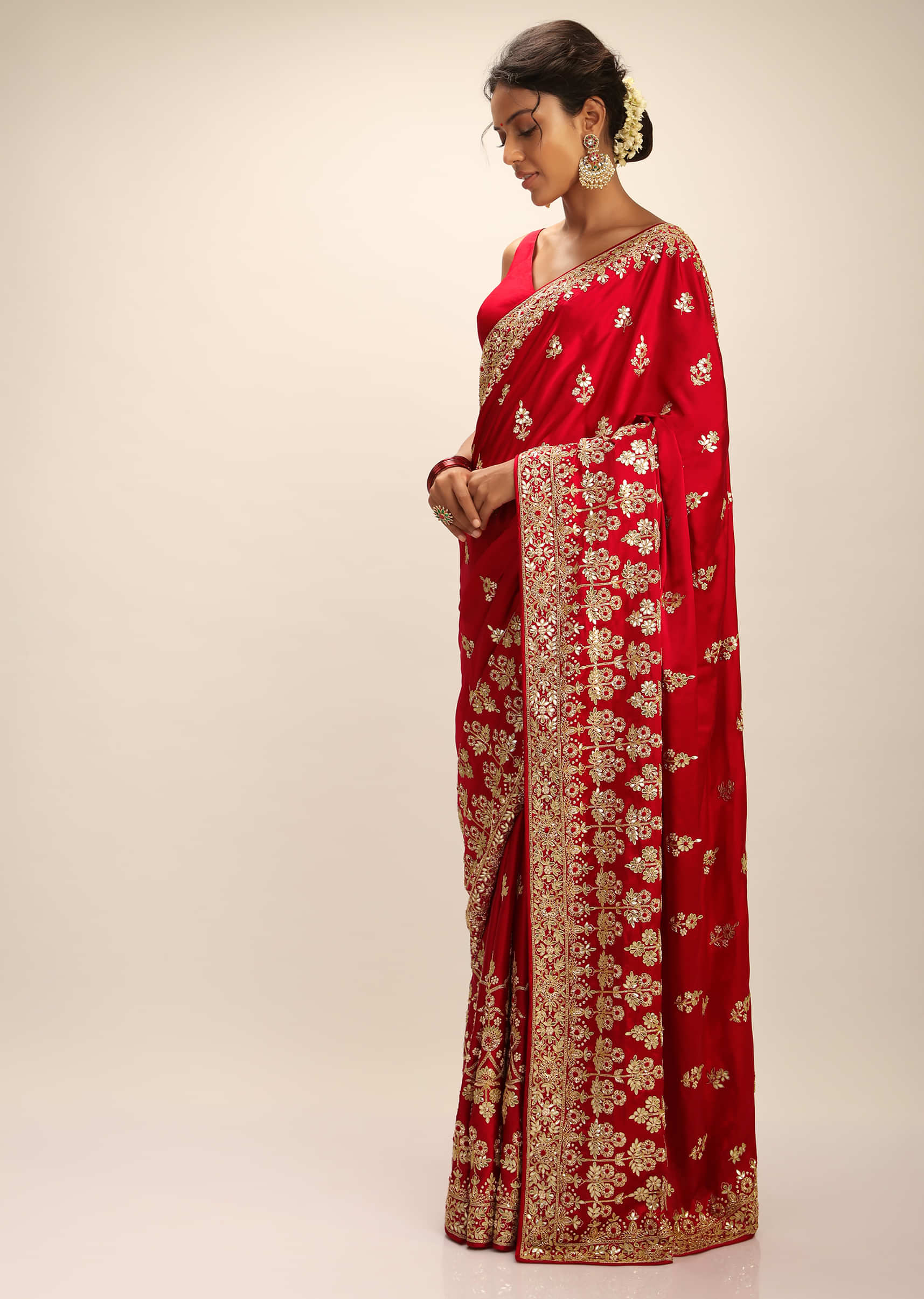 Scarlet Red Saree In Satin With Hand Embroidered Gotta Patti And Zardosi Work In Floral Motifs 