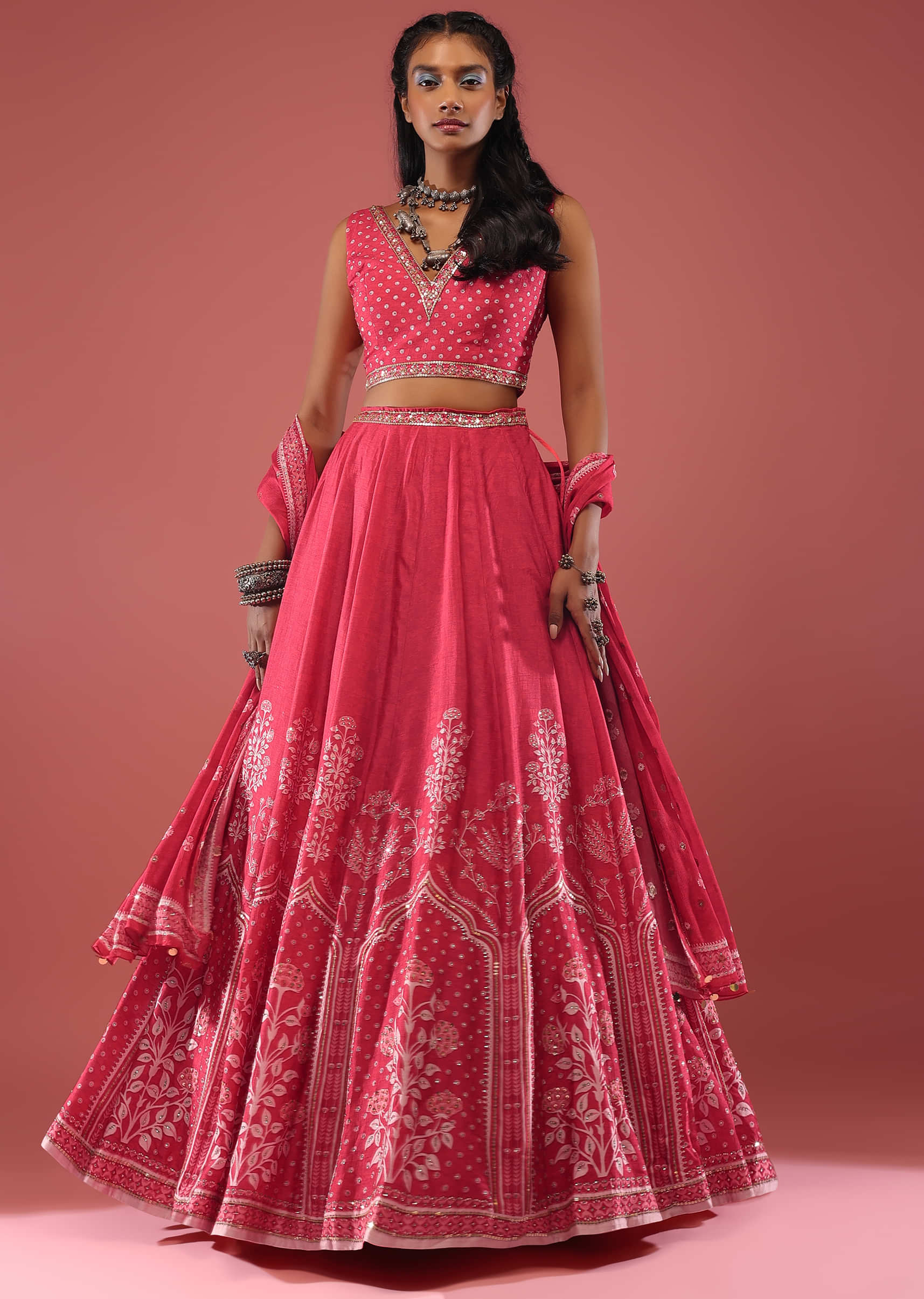 Persian Pink Silk Lehenga And Blouse With Sequin Embroidery On The Borders And Stone Embellishments And Dupatta