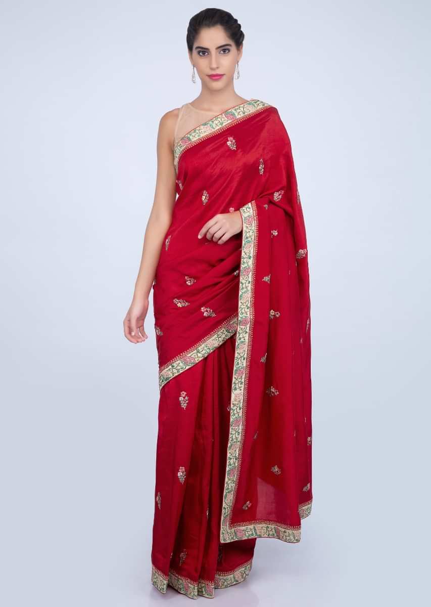Scarlett red dupion silk saree with floral embroidered butti and border only on kalki