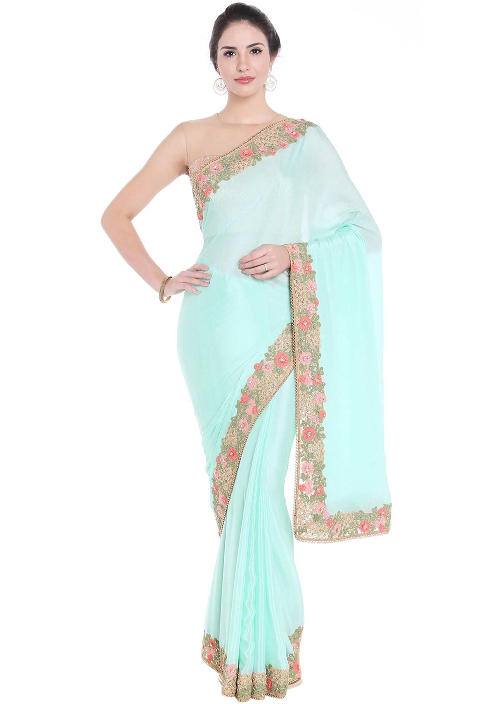 Sea Blue Saree In Georgette With Floral Border Online - Kalki Fashion