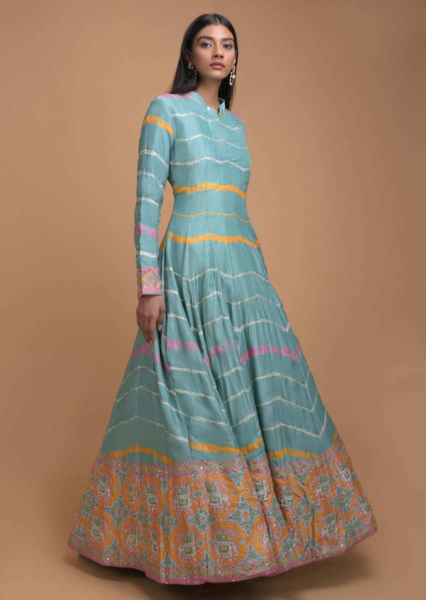 Buy Sea Foam Green Anarkali Suit With Chevron Print And Patola Printed ...