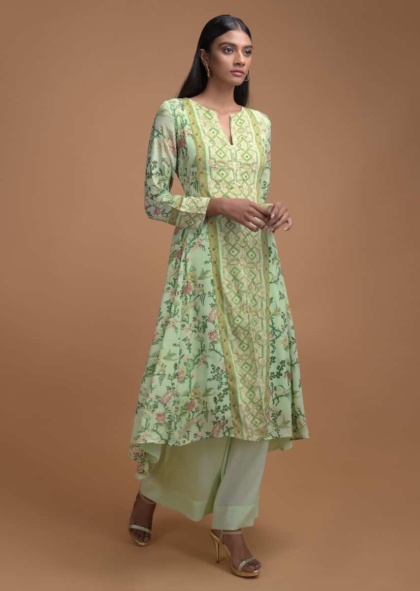 Buy Lemon Yellow Hand Block Printed Cambric Cotton Suit with Green Palazzo  and Mulmul Dupatta - Set of 3, SHO103/SHHD2