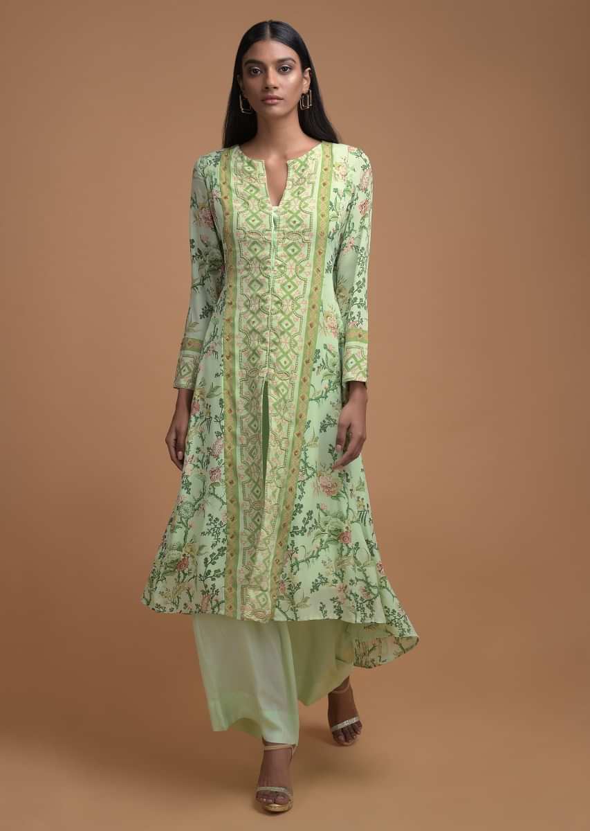 Sea Green Floral Printed Palazzo Suit With Center Panel Embroider And Front Slit Online - Kalki Fashion