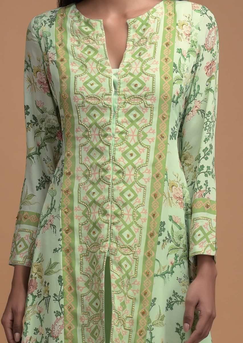 Sea Green Floral Printed Palazzo Suit With Center Panel Embroider And Front Slit Online - Kalki Fashion