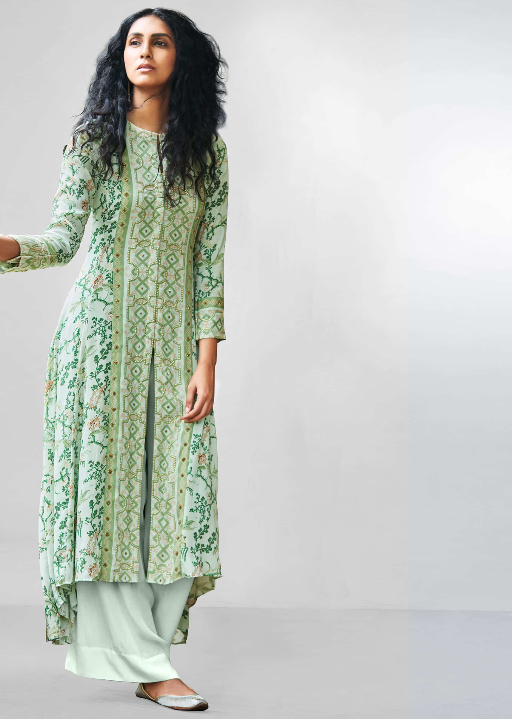 Sea green floral printed palazzo suit with center panel embroider and front slit