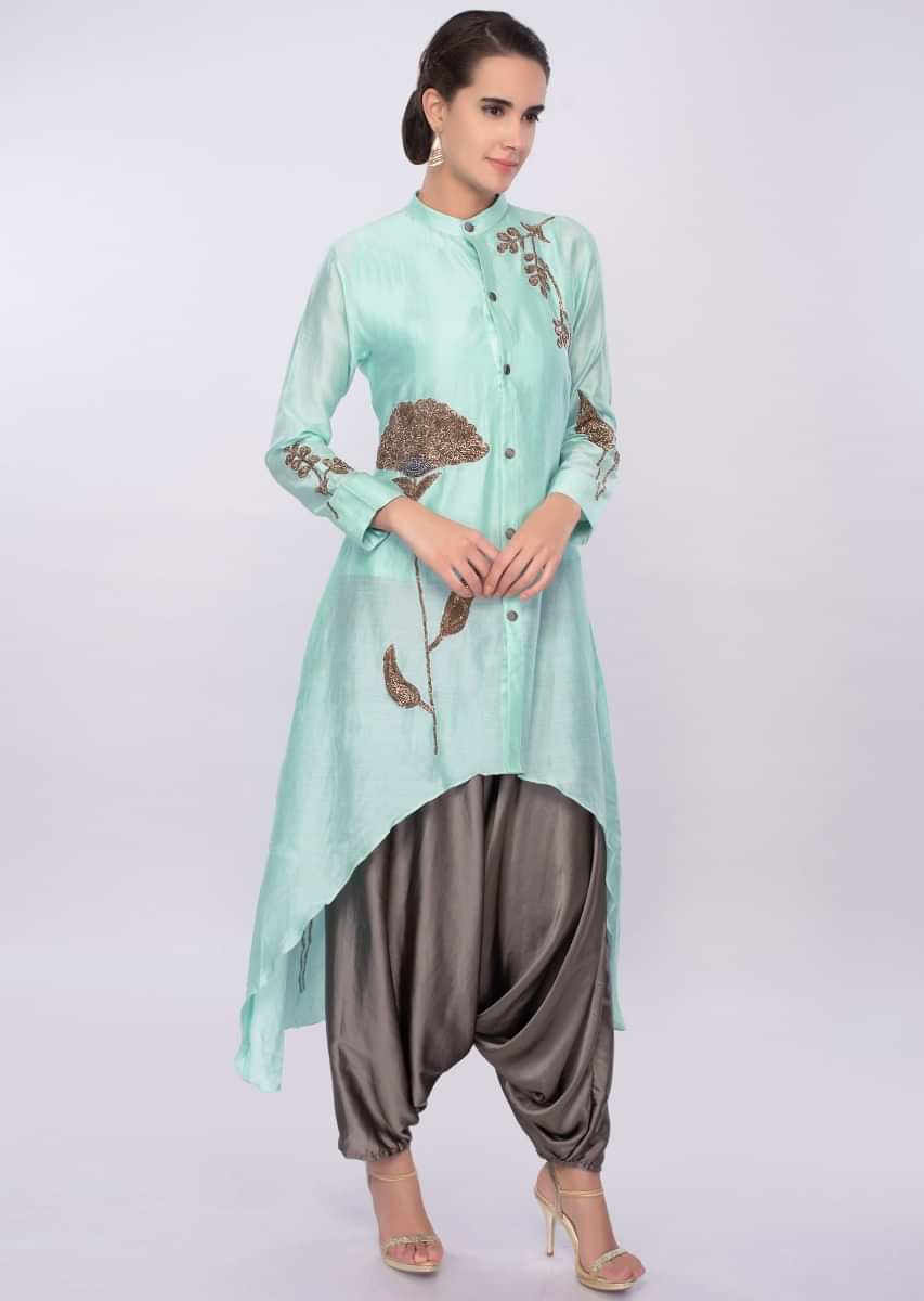 Sea green front short back long top with graphite grey dhoti pant only on Kalki