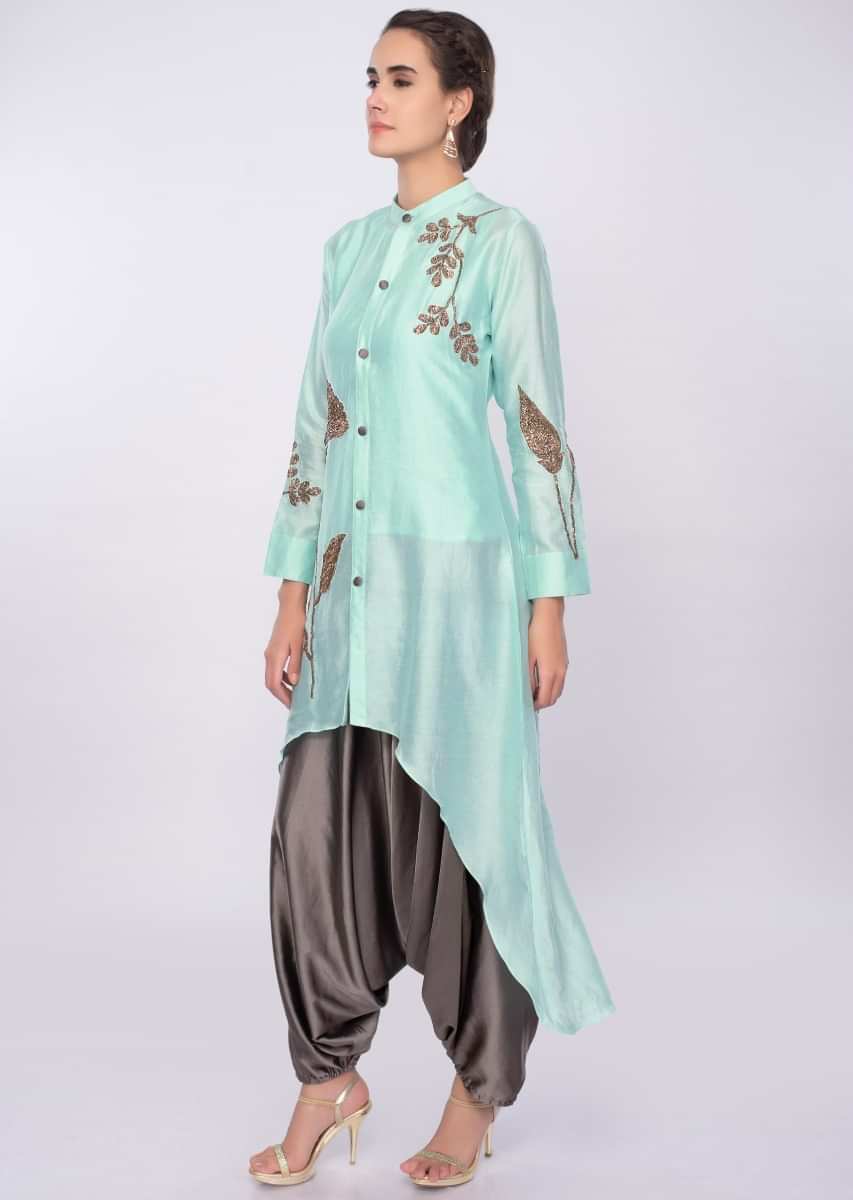 Sea green front short back long top with graphite grey dhoti pant only on Kalki
