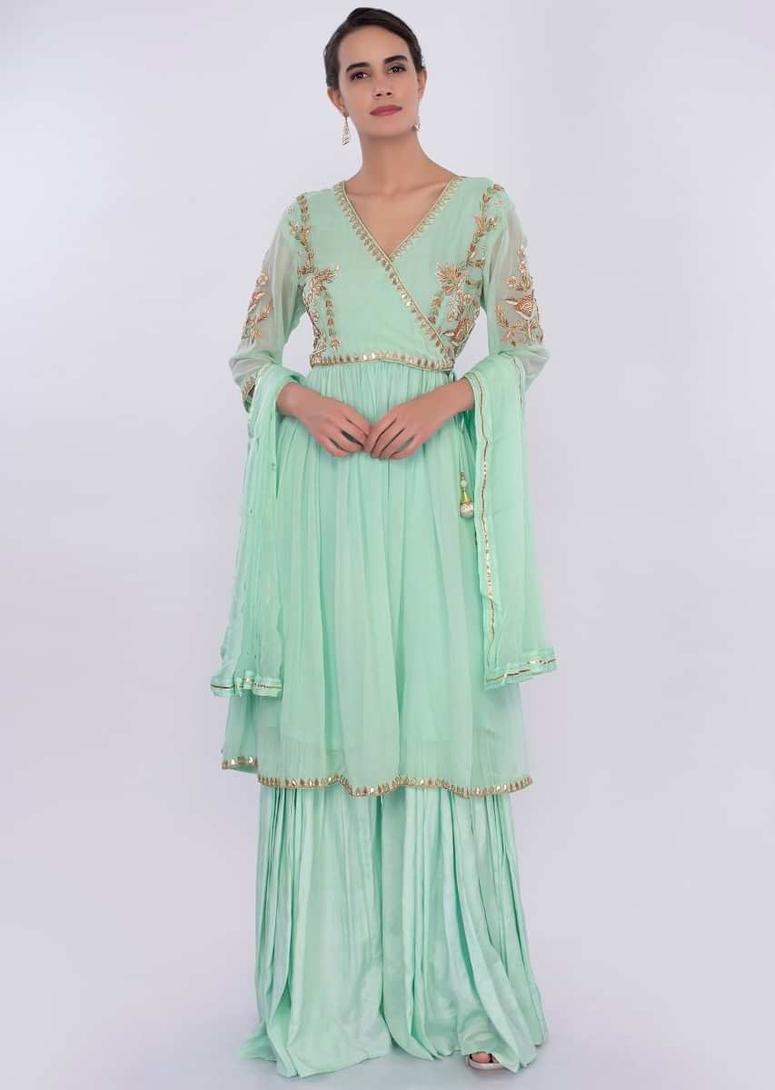 Sea Green Sharara Suit Set In Georgette Online - Kalki Fashion