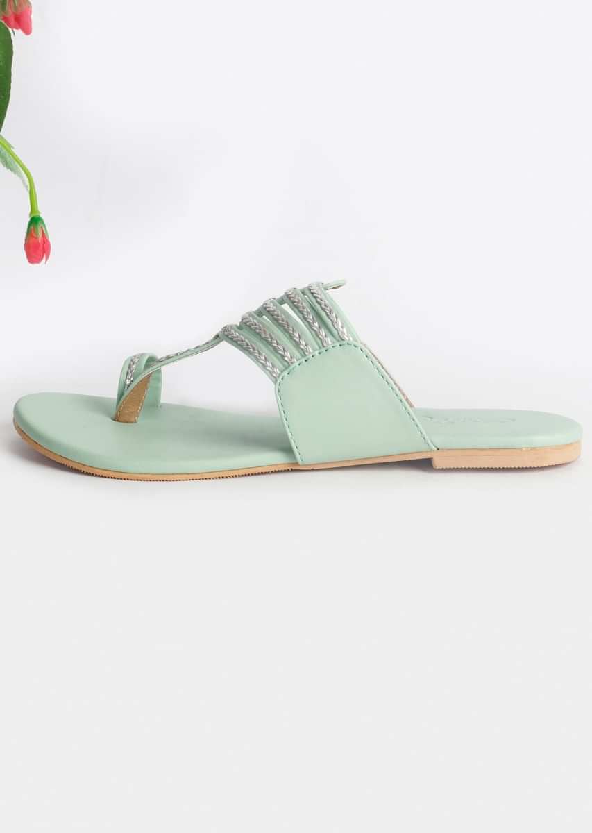 Sea Green Kolhapuri With Silver Braiding And Silver Rivets By Sole House