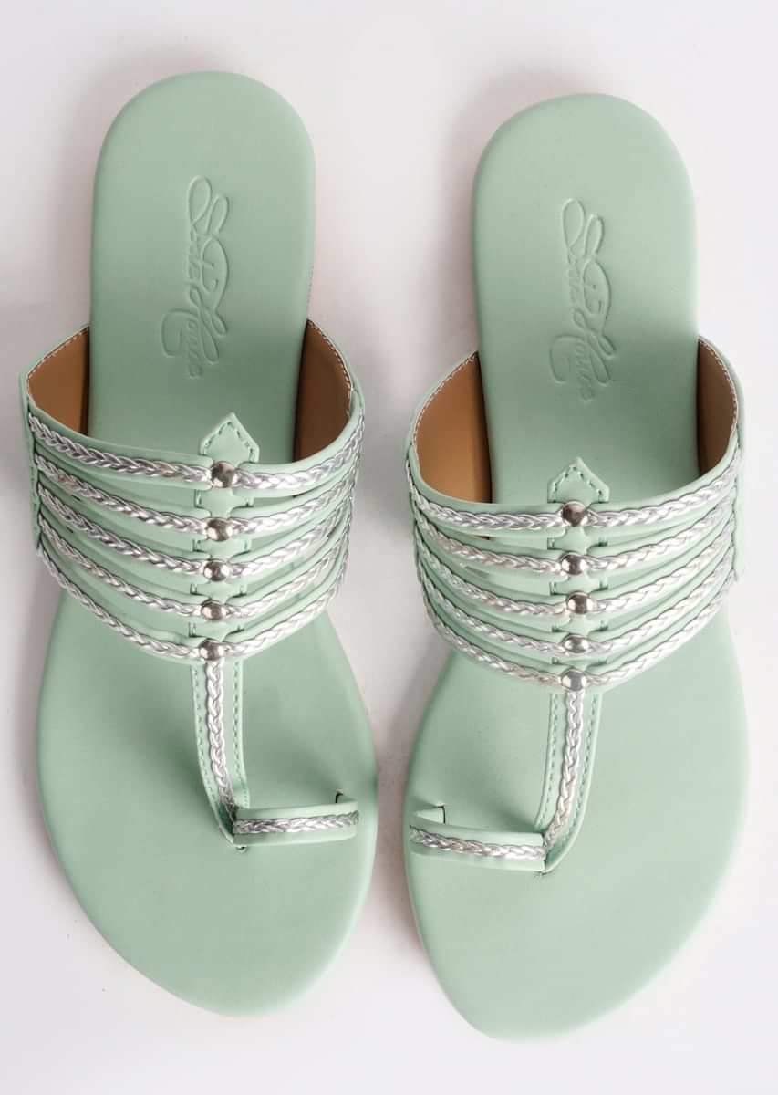 Sea Green Kolhapuri With Silver Braiding And Silver Rivets By Sole House