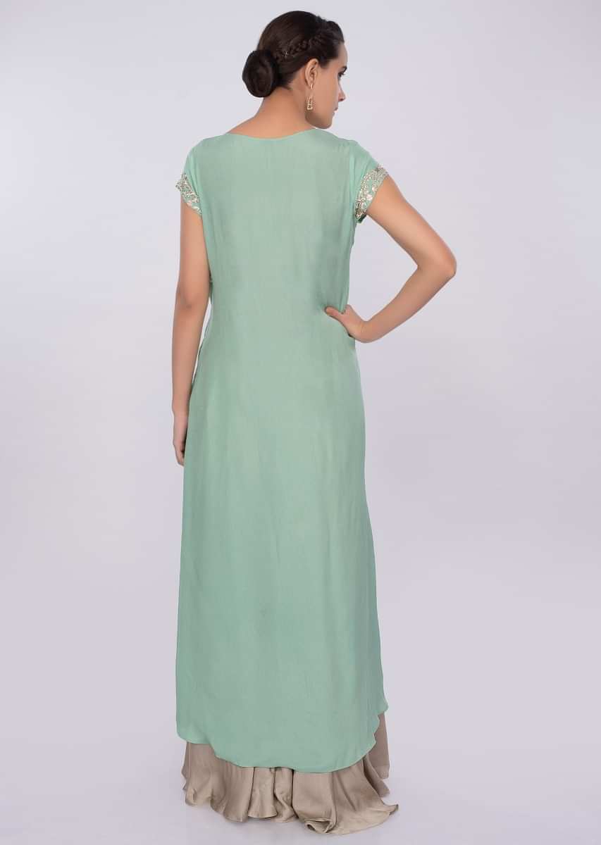 Sea Green Layered Suit In Crepe With Sage Green Satin Palazzo Online - Kalki Fashion