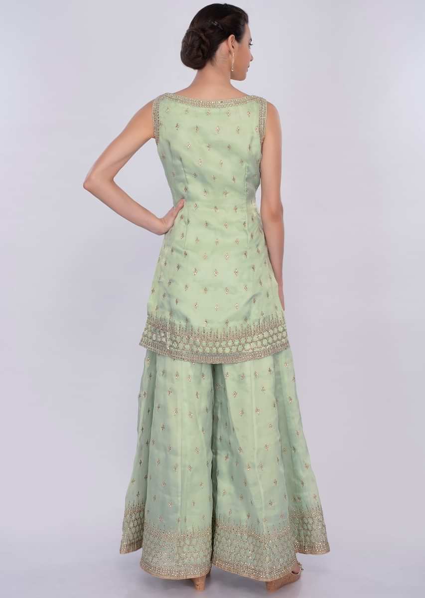 Sea green organza palazzo suit set in kundan embroidered butti only on Kalki