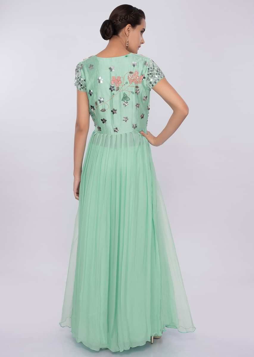 Sea green palazzo with long top with front and side slit only on kalki