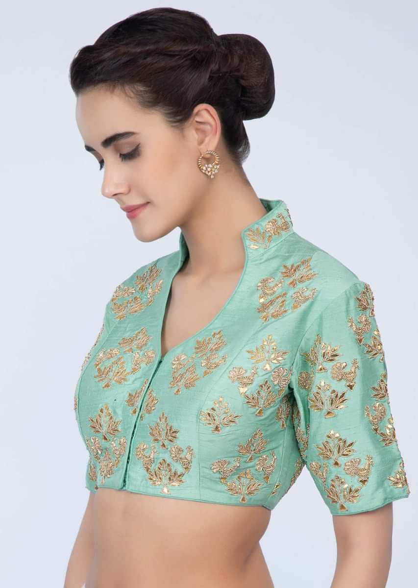 Sea Green Blouse In Raw Silk With Embroidered Butti In Floral And Bird Motif Online - Kalki Fashion