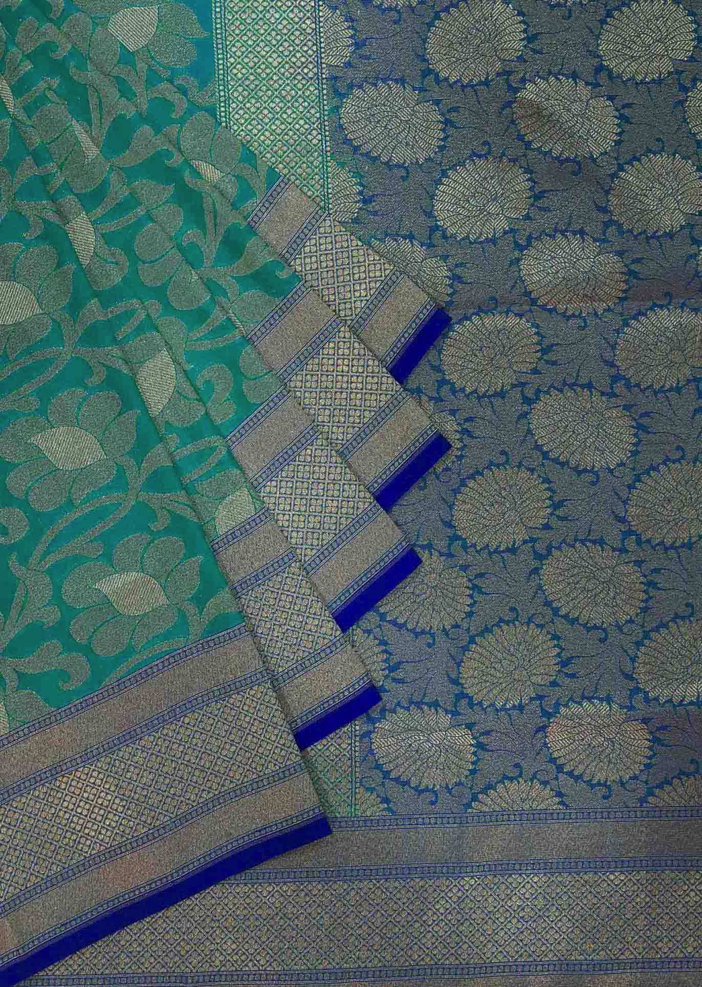 Sea blue saree featuring in floral weave only on Kalki