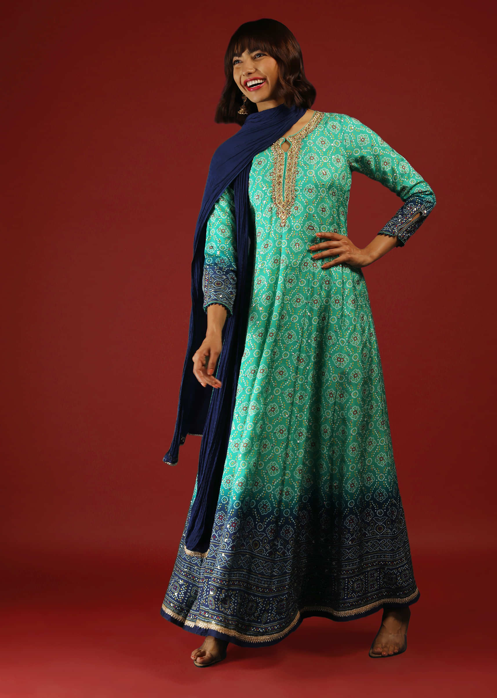 Buy Sea Green And Cobalt Blue Shaded Anarkali Suit With Bandhani Print ...
