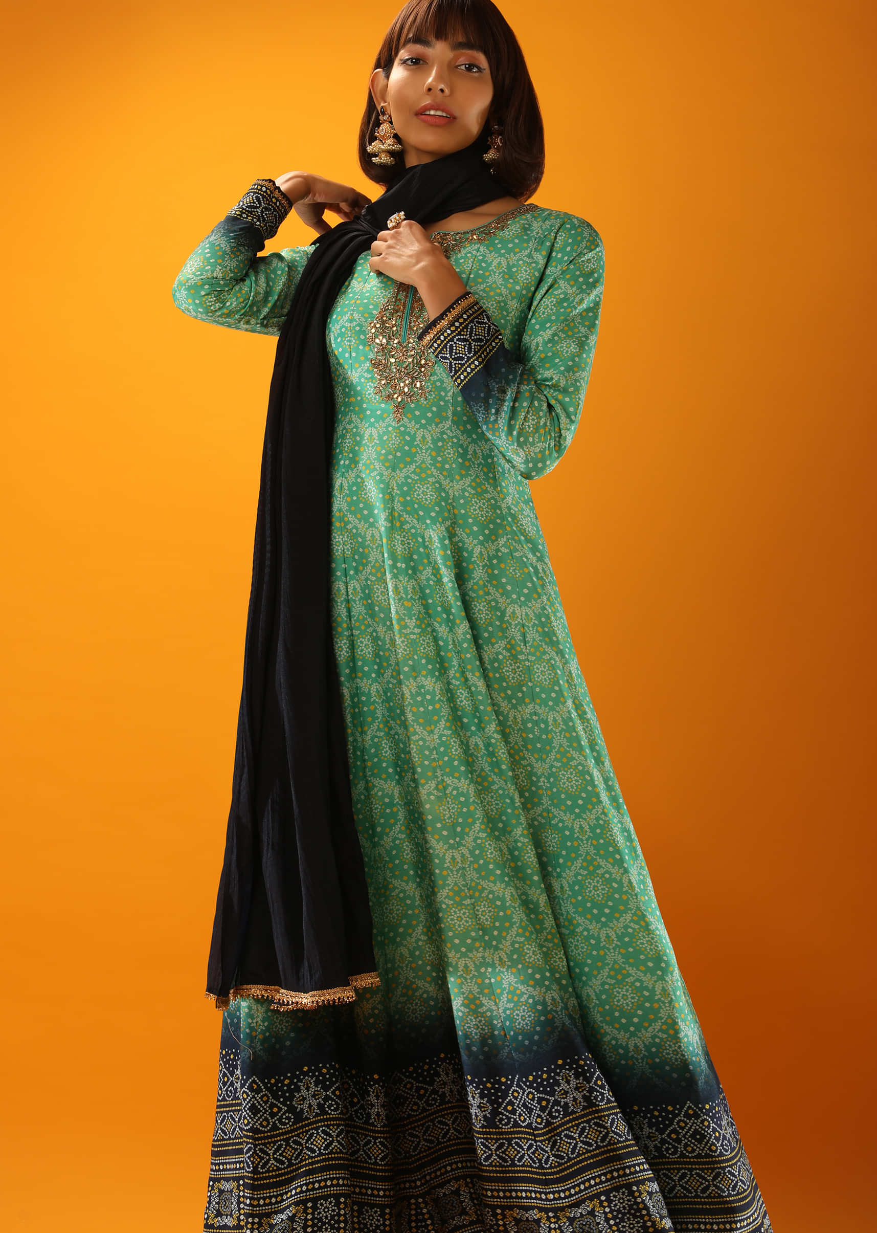 Sea Green And Midnight Blue Ombre Anarkali Suit In Cotton Silk With Bandhani Design And Gotta Patti Embroidered Placket  
