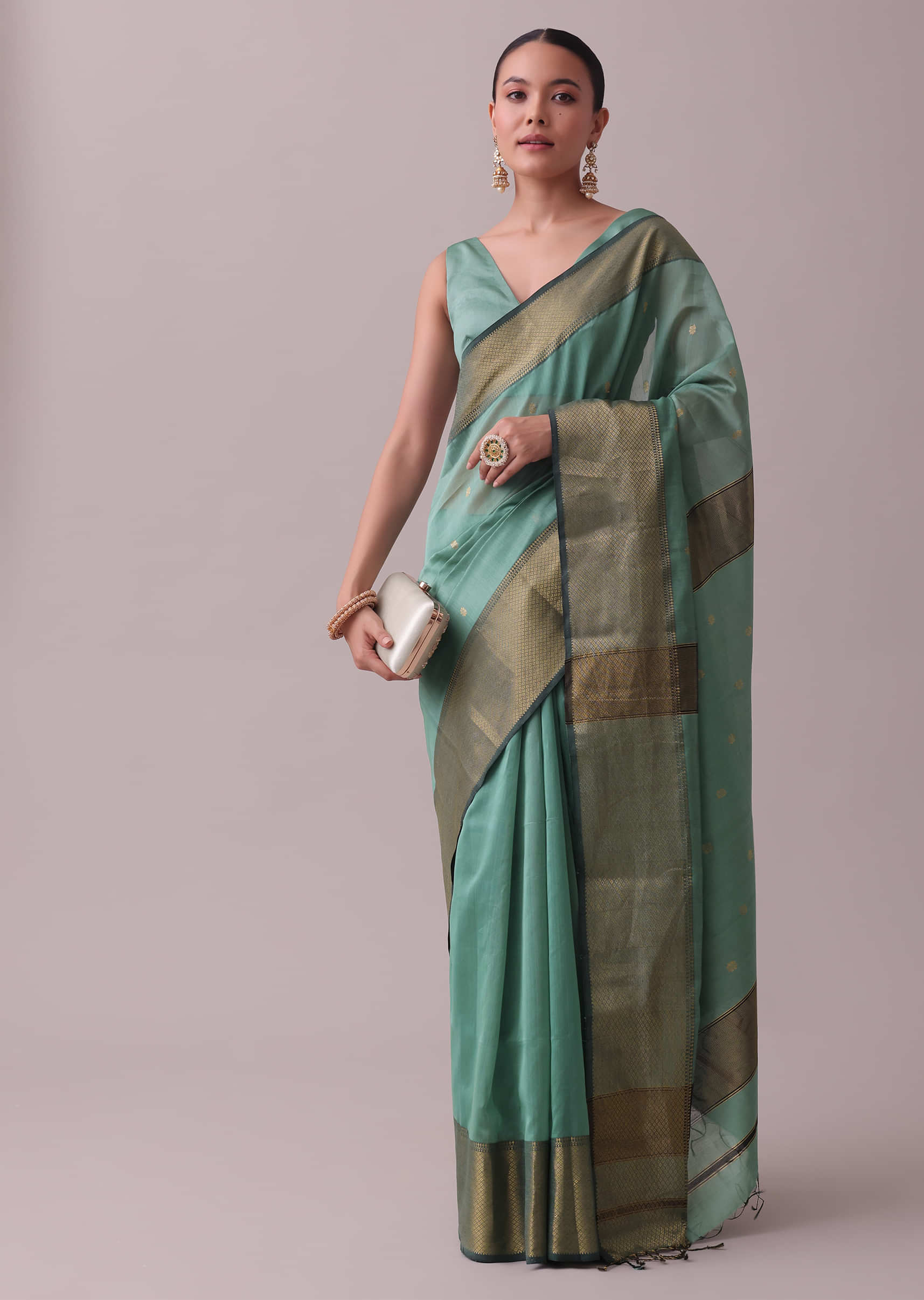 Exclusive Chanderi light green mirror work saree with maroon border –  Sujatra
