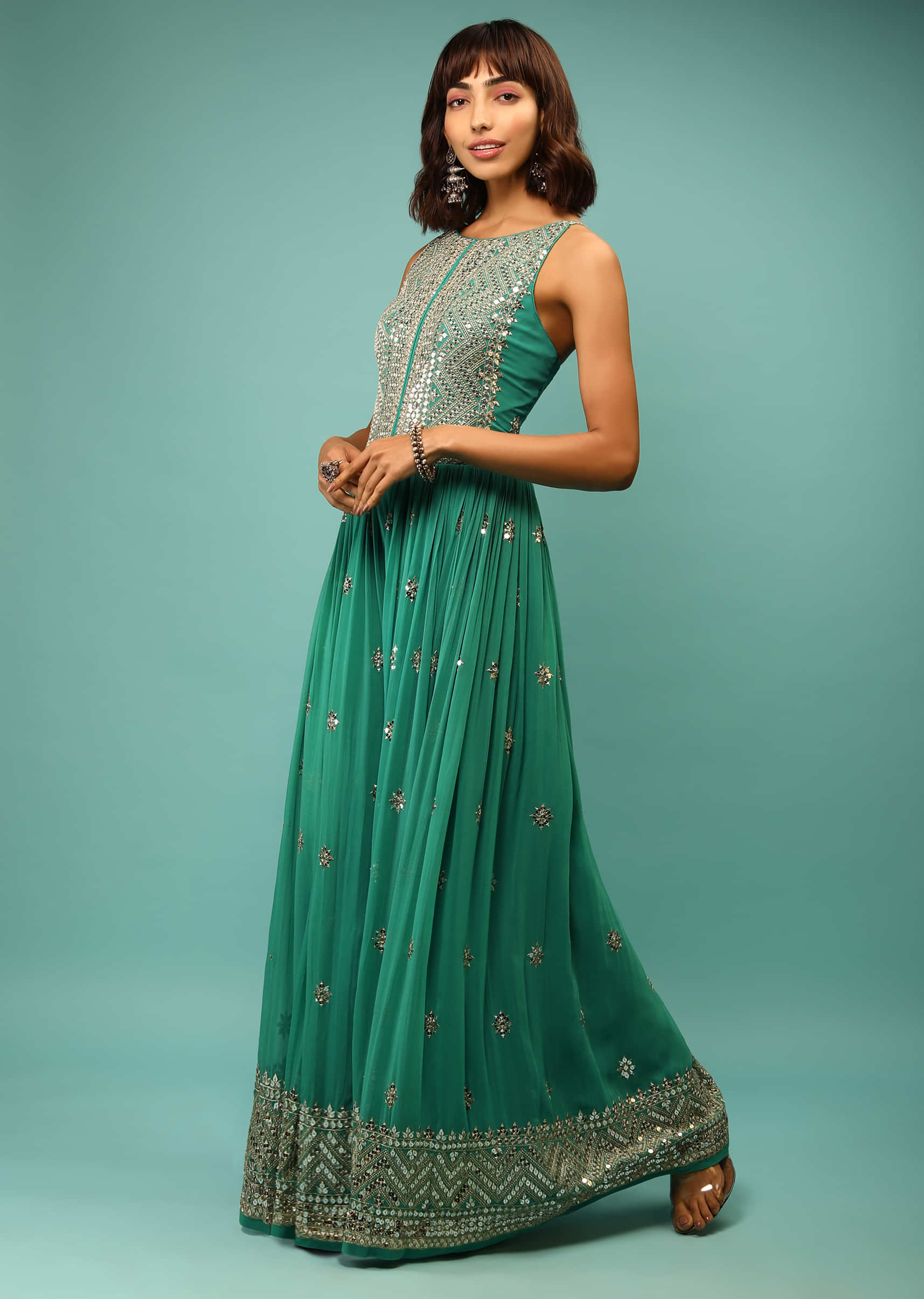 Sea Green Jumpsuit In Georgette With Sequins And Zari Embroidered Geometric Design And Floral Buttis 