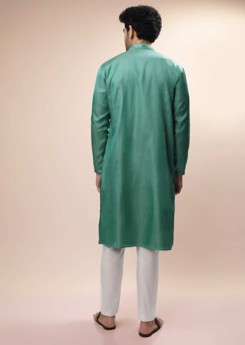 Sea Green Kurta Set In Silk With Resham And Mirror Embroidered Buttis And On The Placket  