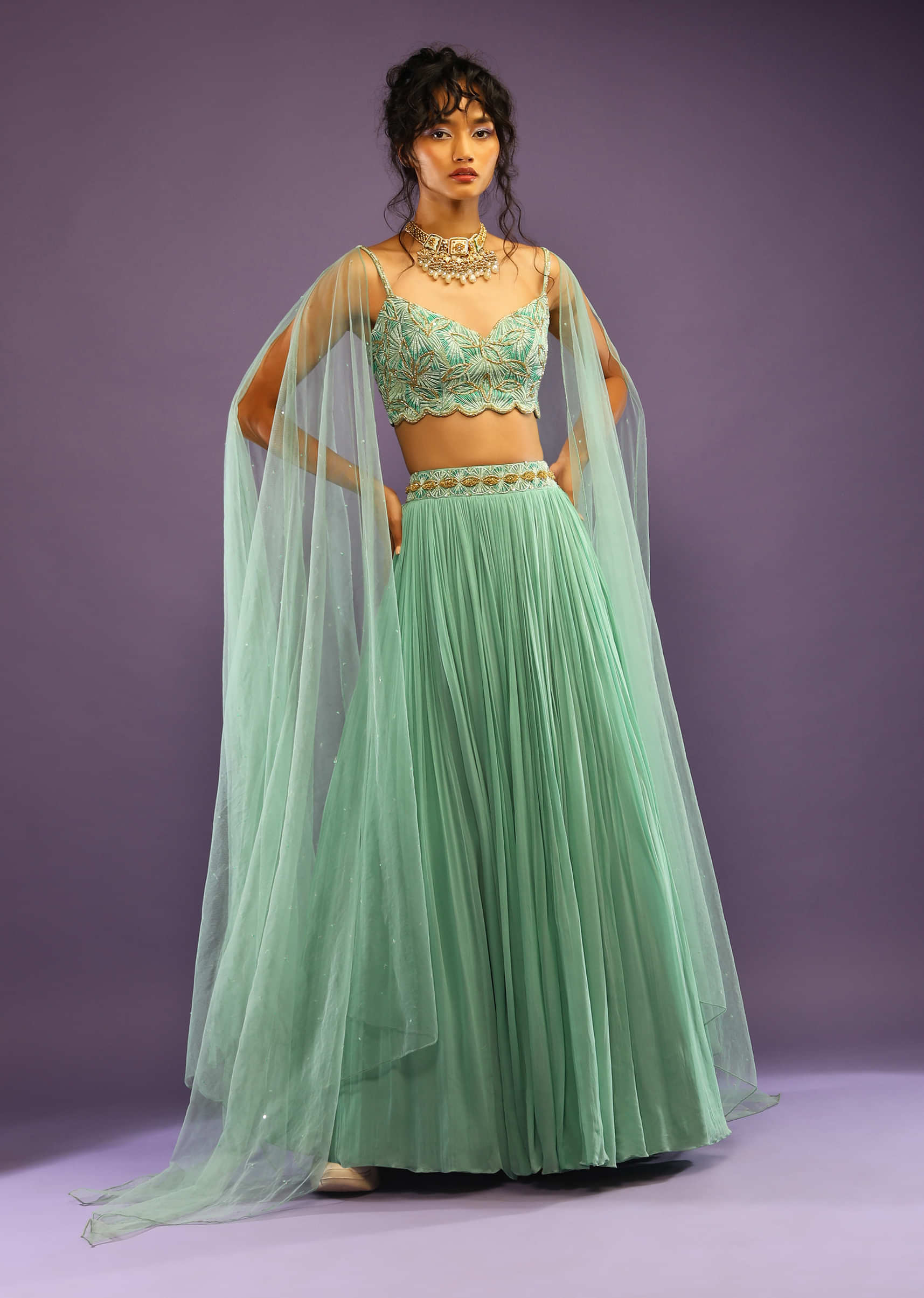 Sea Green Skirt And Crop Top Set With Shaded Green Bead Work And Attached Drape On The Back