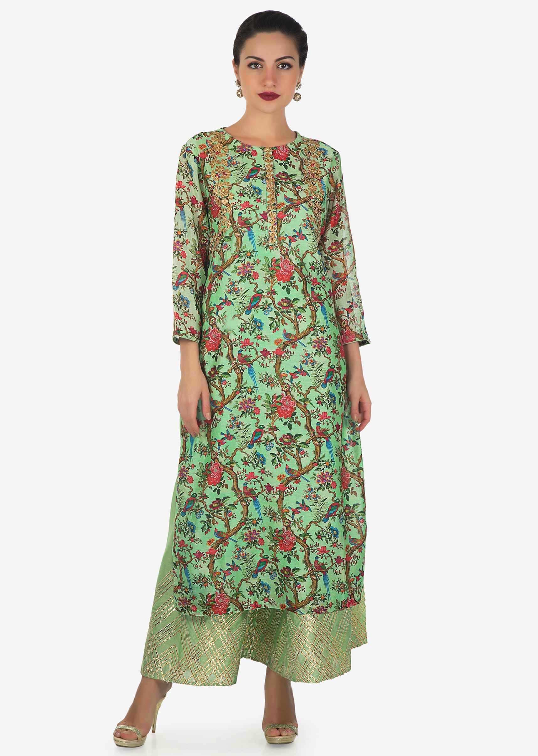 Sea green straight printed palazzo suit with gotta patch and zari embroidery only on Kalki