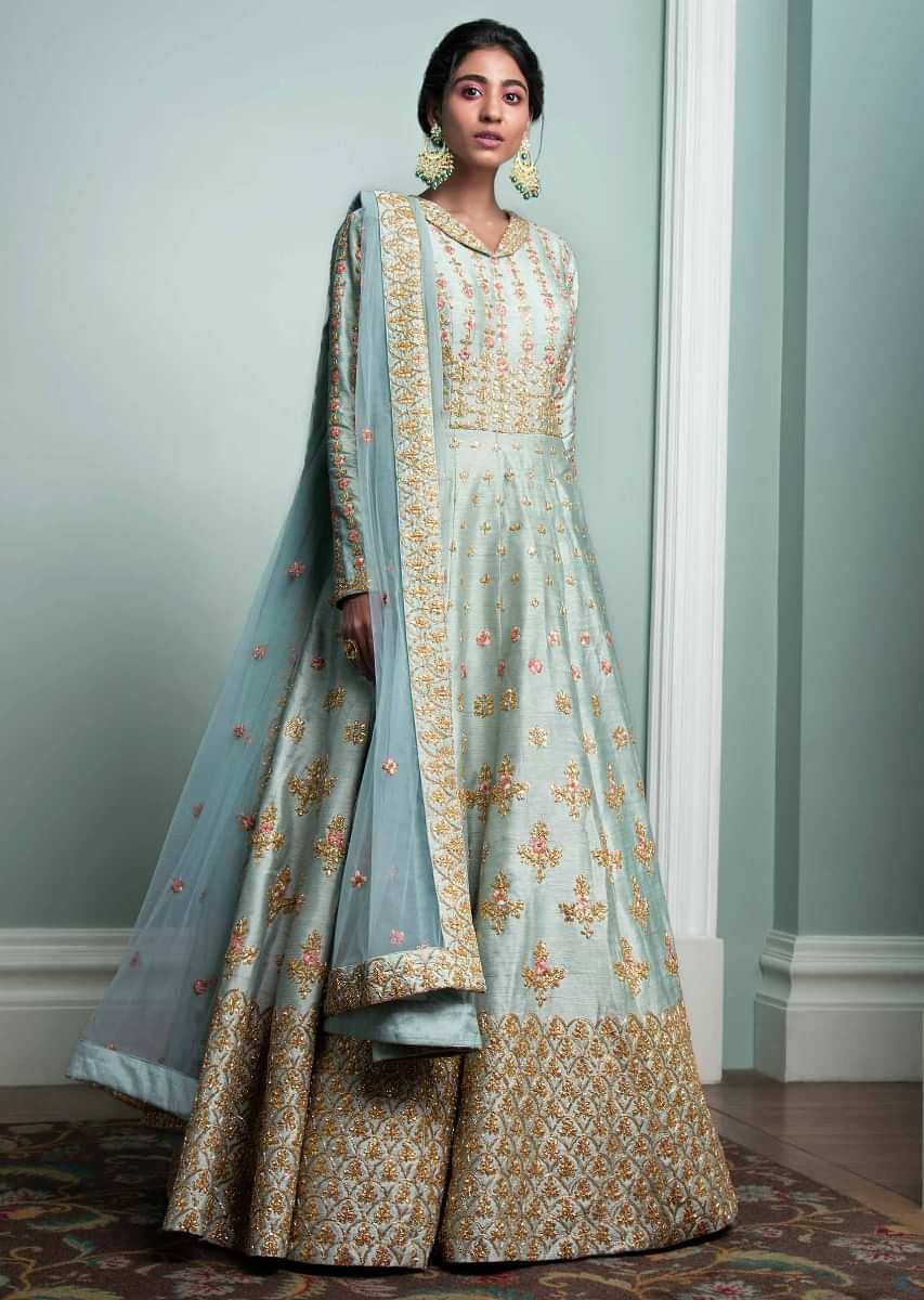 Seafoam Green Anarkali Suit In Raw Silk With Gotta Patch Embroidery In Floral Pattern  