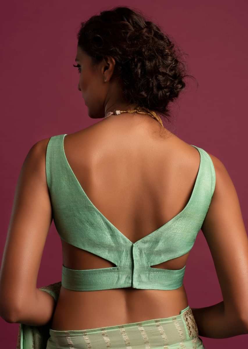 Seafoam Green Blouse In Raw Silk With Curved V Neckline In The Front And Back
