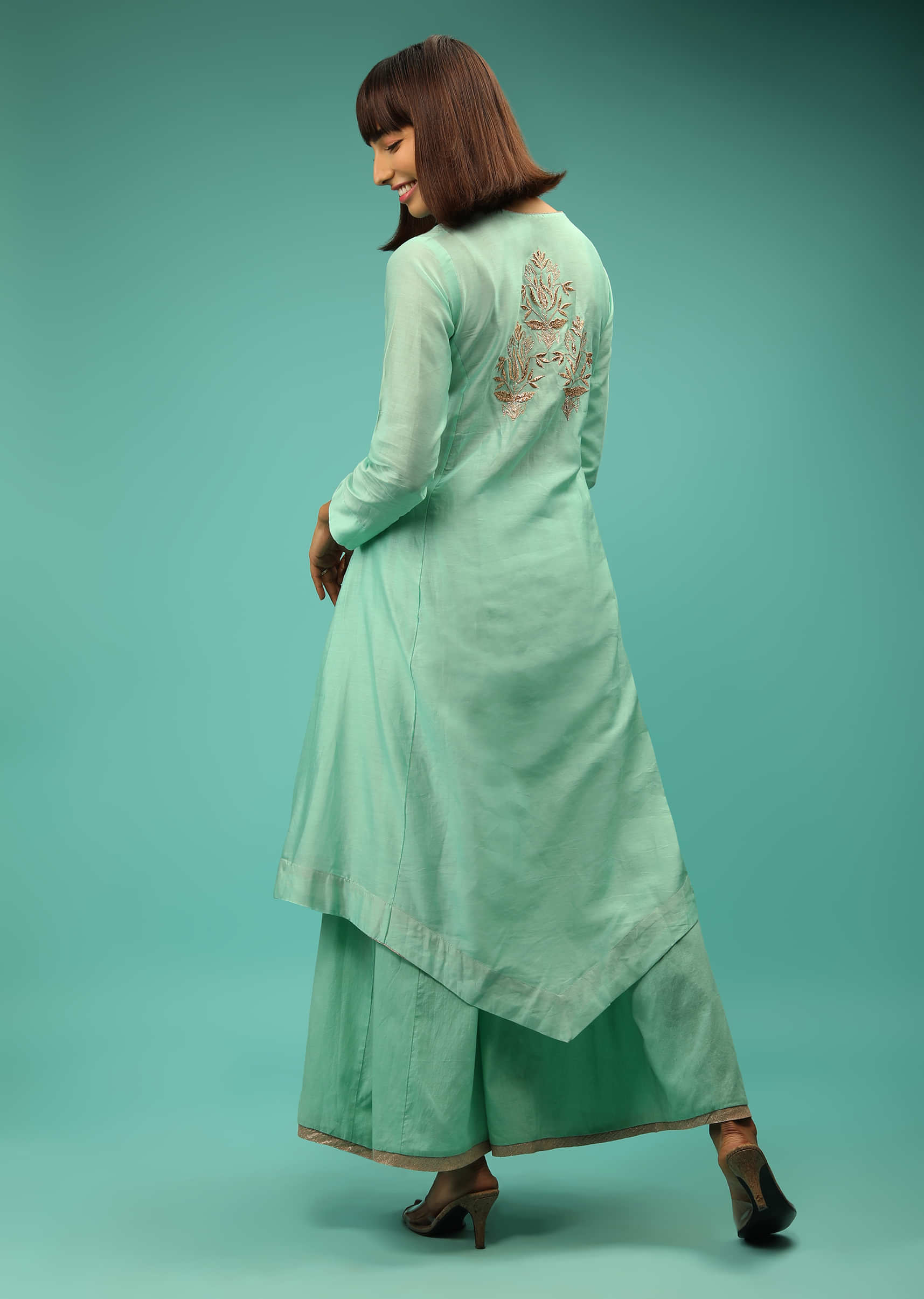 Seafoam Green A Line Kurti And Palazzo Suit With Symmetric Hem And Zari Embroidered Patchwork  