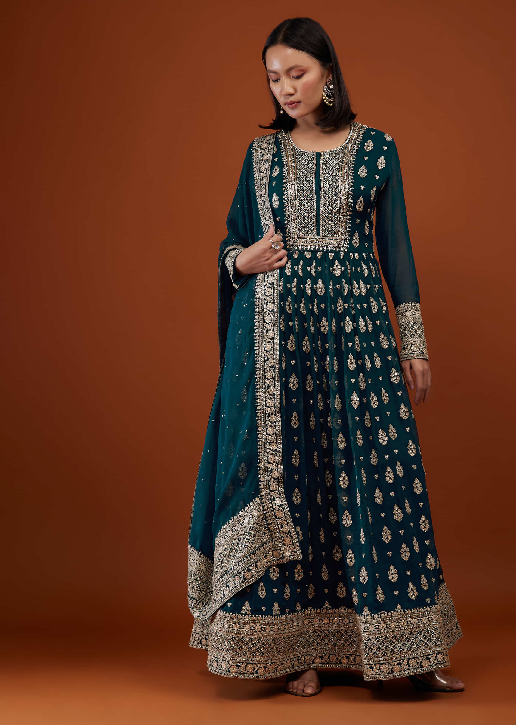 Seaport Blue Georgette Anarkali Suit With Embroidery
