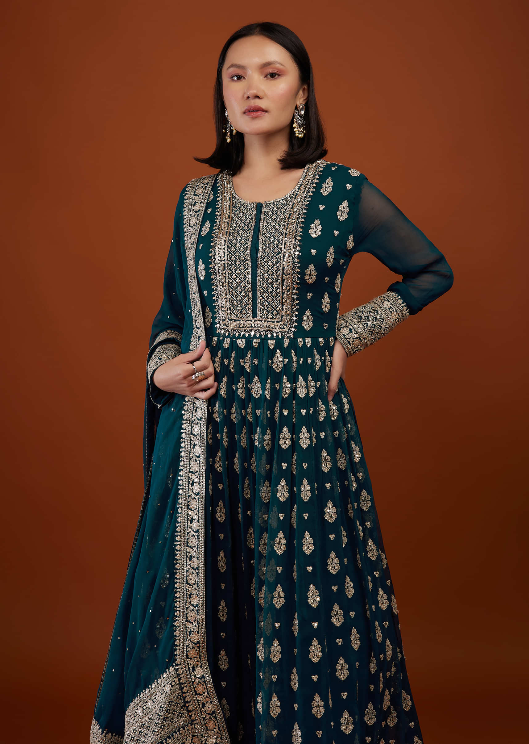 Teal Blue Georgette Anarkali Suit With Embroidery