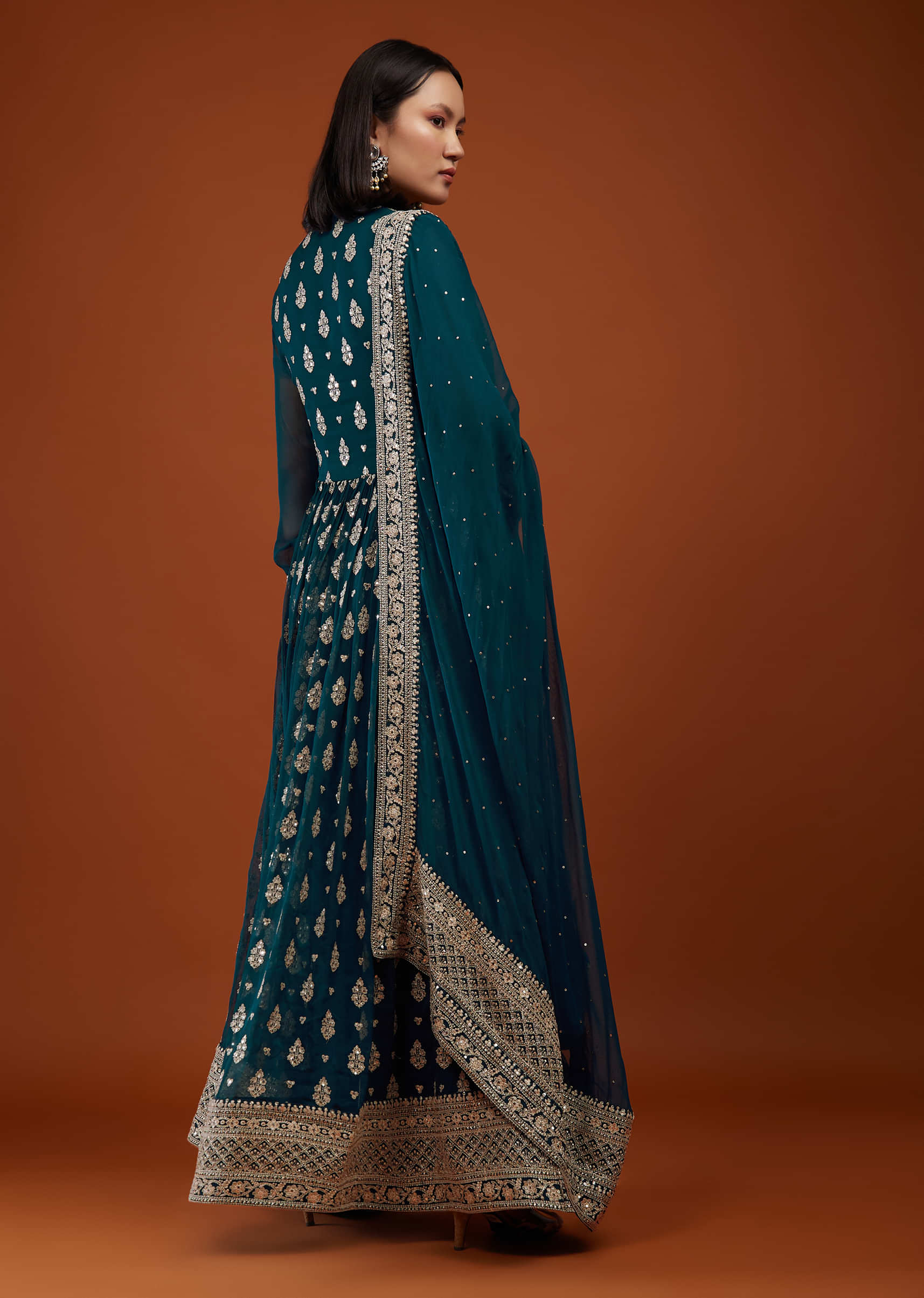 Teal Blue Georgette Anarkali Suit With Embroidery
