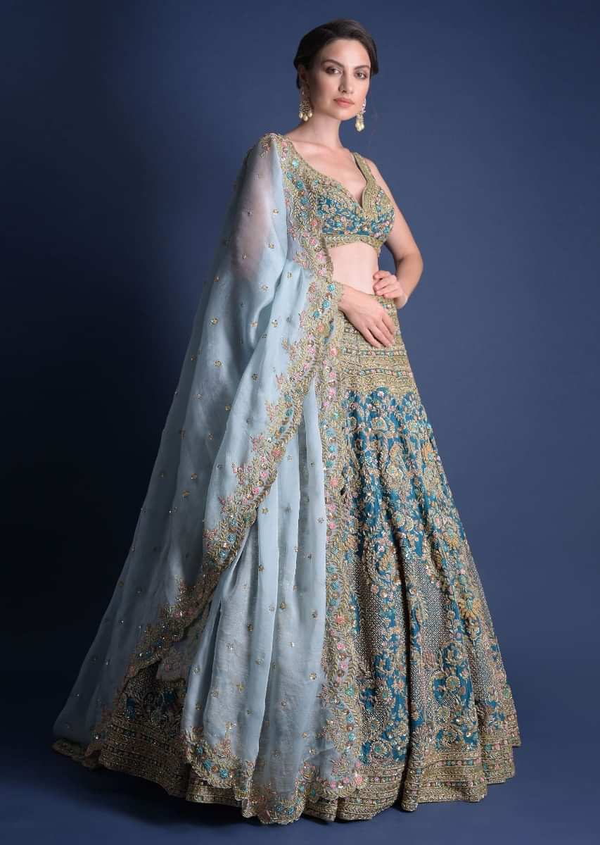 Seaside Blue Lehenga Choli With Heavy Hand Embellished Moroccan And Floral Pattern 